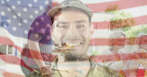 Patriotic Soldier Celebrates Outdoor Barbecue Party with Family