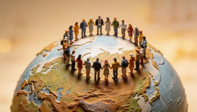 Diverse miniature figures standing hand-in-hand around arctic globe representing unity