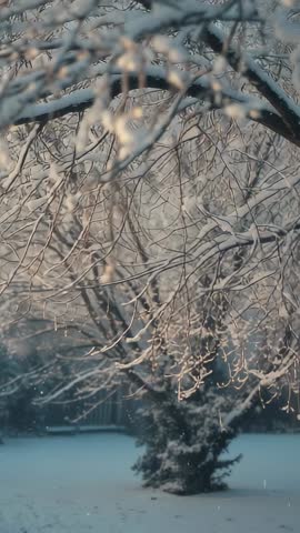 Vertical winter snowfall drifting through snow-covered branches and evergreen in backyard