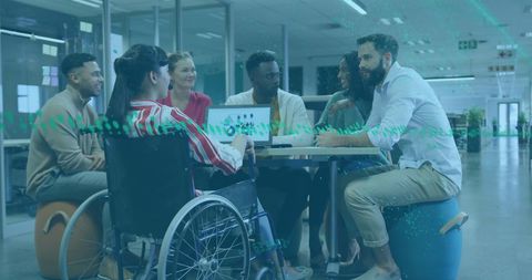 Diverse Team Discussing Business with Digital Data Overlay