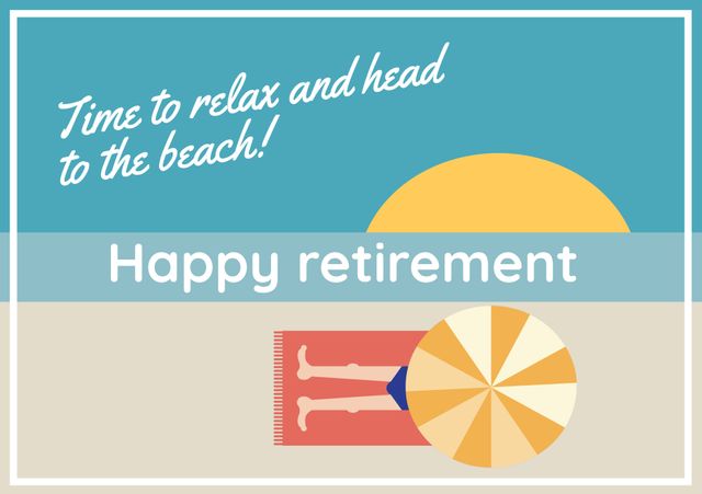 Graphic design showing a sunny beach scene with a person relaxing. Ideal for sending retirement wishes, inviting someone to a summer event, or as part of a travel promotion.