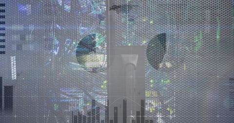 Futuristic hexagonal mesh overlay with iridescent discs and data grid visualization