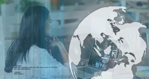 Digital World Connection: Woman Engaging with Global Data Interfaces