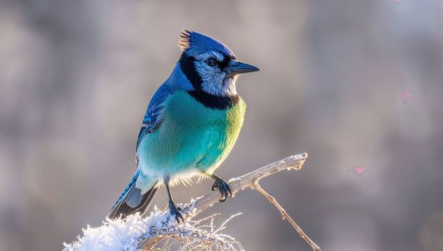 Perching blue-crested songbird on frosted twig showing vivid teal and cobalt plumage