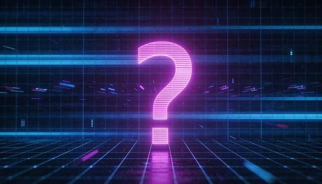 Neon question mark hovering over cyber grid reflecting retrofuturistic hologram