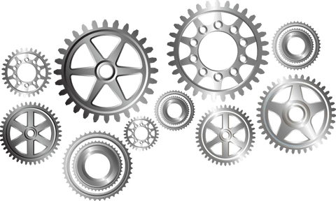 Silver metallic gears on transparent background
