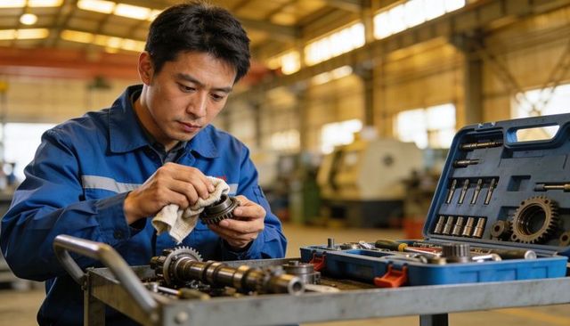 Mechanic cleaning and inspecting gearbox gear with rag at industrial workbench, toolkit