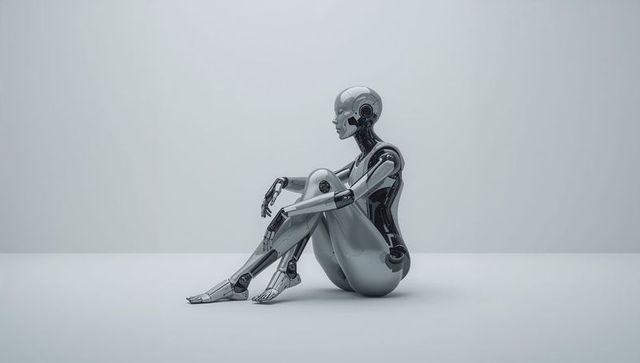 Contemplative humanoid robot sitting, folding knees and turning head with exposed servos