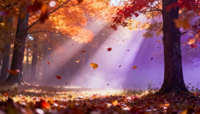 Golden sunbeams through misty autumn woods, falling maple leaves in clearing