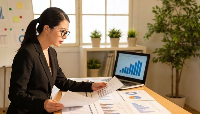 Analyzing financial reports and reviewing sales charts at desk, businesswoman in blazer