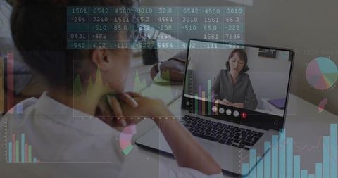 Student attending remote tutoring while reviewing data charts and analytics on laptop