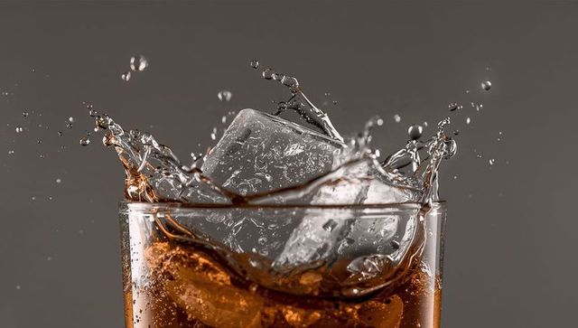 Cola splashing with ice cube in glass, mid-splash droplets and condensation