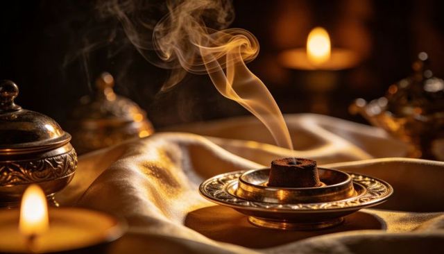 Ornate brass incense burner emitting curling smoke on golden satin with candlelight