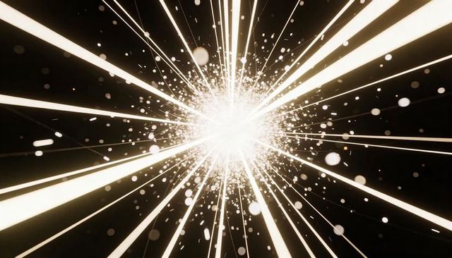 Radiating light burst emitting radial beams and spark particles over dark space