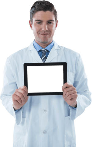 Professional doctor holding transparent digital tablet