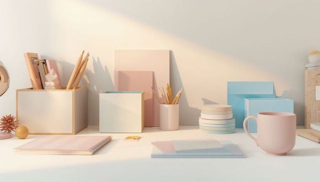 Pastel minimal desk with organized stationery, pencils and mug in soft daylight