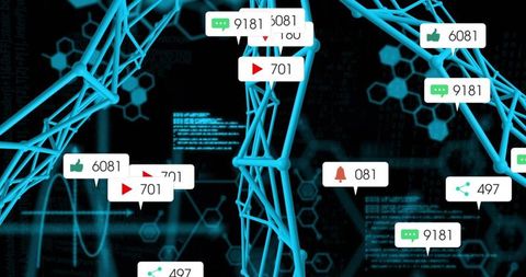 Neon network visualization pulsing and rotating with live notification counters and alerts