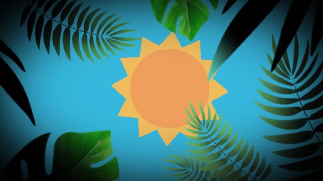 Visual depicting a cheerful, animated sun spinning against a blue background, obscured partially by tropical plant leaves. Ideal for children's media, educational content, summer-themed videos, and vibrant design elements for digital platforms.