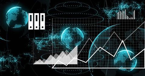Digital Global Data Visualization Dashboard with Teal Dotted Globes and Line Charts
