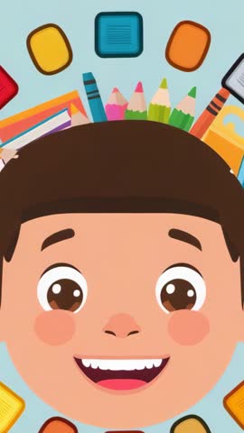 Rotating Color Tiles Forming Ring Around Smiling Boy with Art Supplies Vertical Video