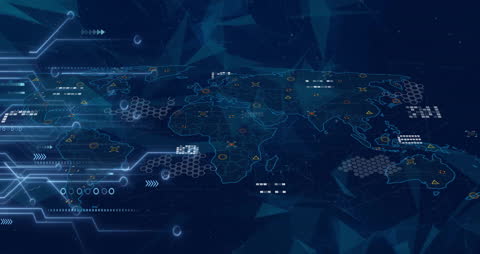 Digital World Map with Data Interface and Glowing Motherboard