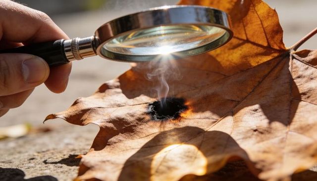Hand holding magnifying glass burning dry autumn leaf, smoking char and sun flare