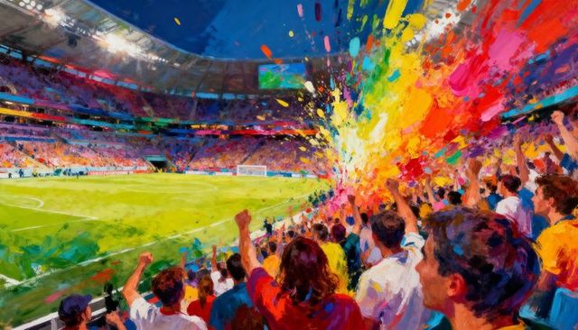 Vivid painterly soccer crowd cheering with colorful confetti explosion in stadium celebration