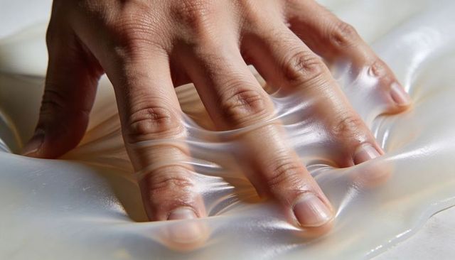 Hand pressing translucent gel sheet with pearlescent sheen closeup tactile texture