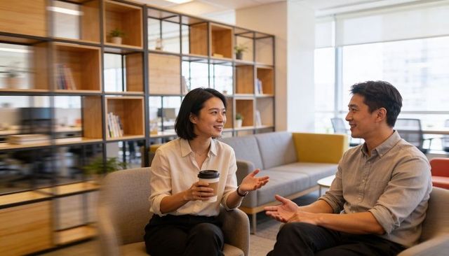 Asian coworkers discussing ideas in modern office lounge over coffee