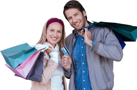 Happy Couple Holding Shopping Bags and Credit Card Transparent Background