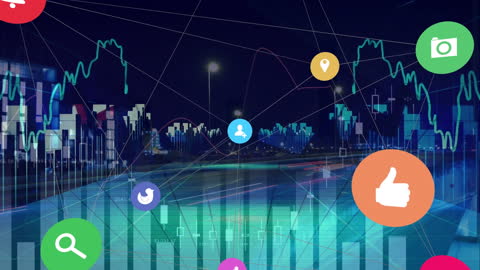 Digital Financial Data Art with Social Media Icons over Cityscape