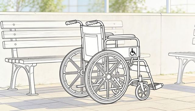 Manual wheelchair occupying urban plaza beside wooden benches showing accessibility symbol