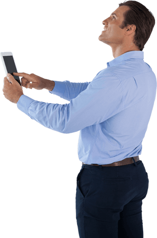 transparent view of happy businessman using tablet exploring ideas - Download Free Stock Videos Pikwizard.com