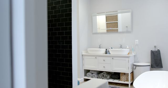 Modern Bathroom with Double Sinks and Minimalist Design - Download Free Stock Images Pikwizard.com