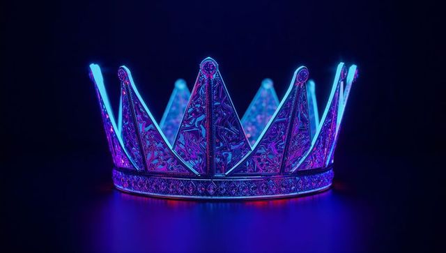 Glowing Ornate Metal Crown with Neon Blue Accents on Dark Surface