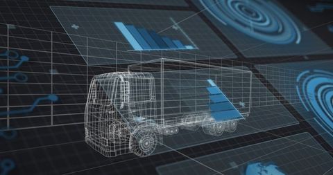 Visualizing wireframe box truck for logistics analytics and fleet simulation dashboard