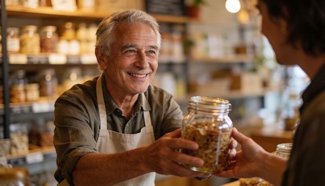 Smiling senior shopkeeper handing glass jar to customer at cozy bulk grocery counter