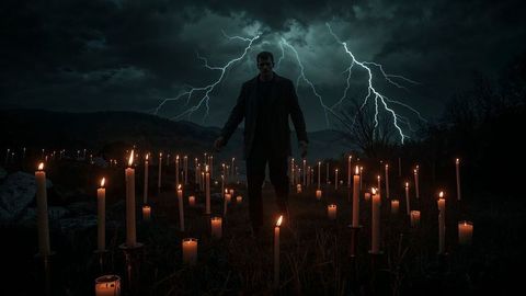 Mysterious frankenstein figure in candlelit stormy night landscape