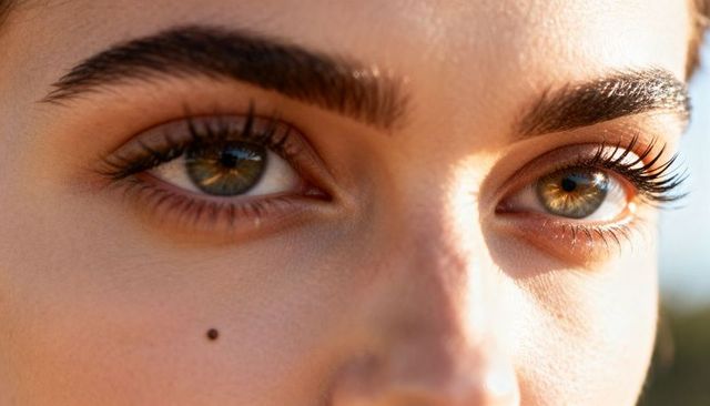 Sunlit hazel eyes macro close-up with long mascara lashes and beauty mole, warm golden glow