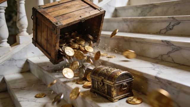 Overturned wooden crate spilling gold coins down marble steps with ornate treasure chest