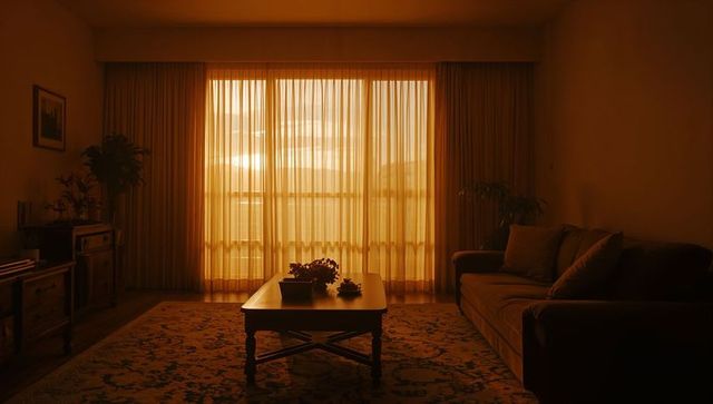 Cozy living room basking in warm sunset light wooden coffee table, sofa and sheer curtains