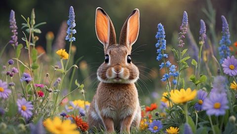 Adorable wild cottontail rabbit in colorful meadow blossoms