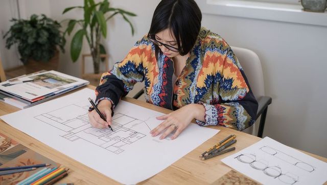 Creative architect drawing detailed floor plan in studio