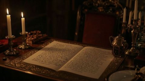 Antique Scene Featuring Open Book on Wooden Desk with Candlelight