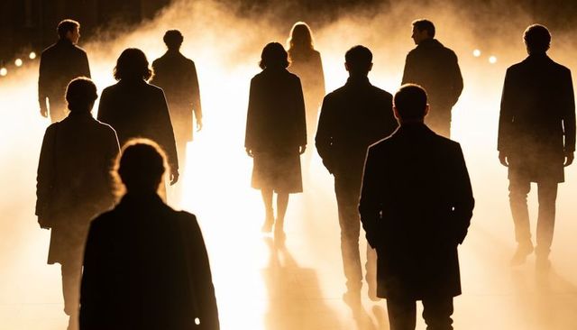 Backlit silhouettes walking toward bright light in foggy concourse, cinematic urban crowd