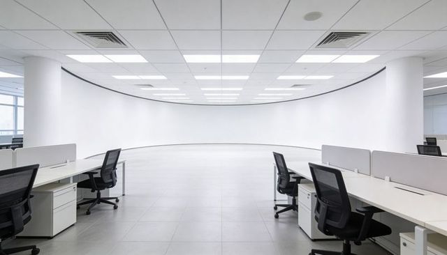 Minimalist open-plan office featuring dominant curved white wall, desks and black mesh chairs