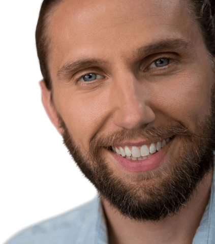 This image features a Caucasian man smiling warmly on a transparent background, highlighting features like a trimmed beard and blue eyes, embodying professionalism and friendliness. Ideal for materials related to business concepts, personal development, or customer service satisfaction, such as websites, promotional posters, or brochures.
