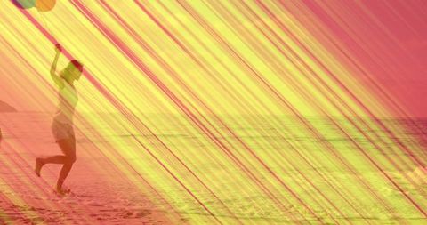 Woman running on beach with ball, colorful diagonal light streaks, energetic motion
