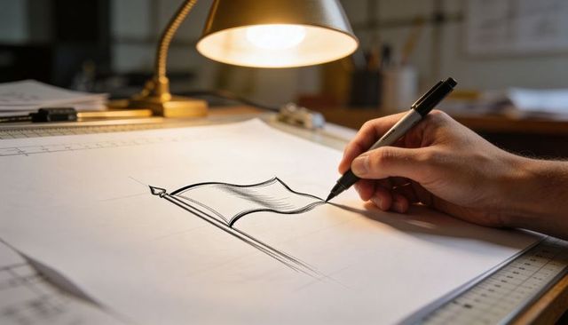 Designer drawing stylized waving flag sketch on drafting paper under lamp