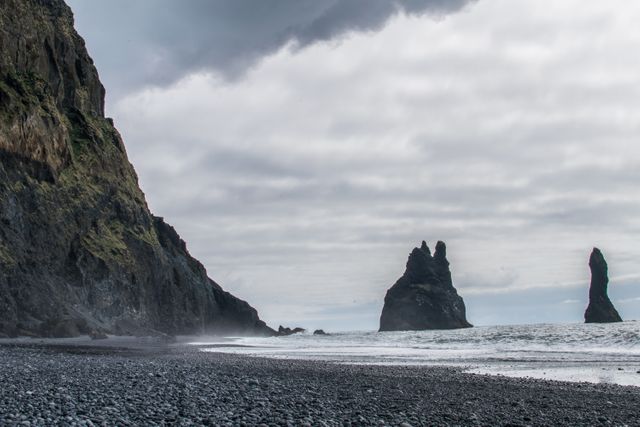 Dramatic landscape of Iceland's famous black sand beach featuring tall sea stacks and steep rocky cliffs under an overcast sky. Perfect for use in travel guides, nature blogs, or adventure magazines. Highlighting the unique geological features and rugged beauty of Icelandic coastlines.
